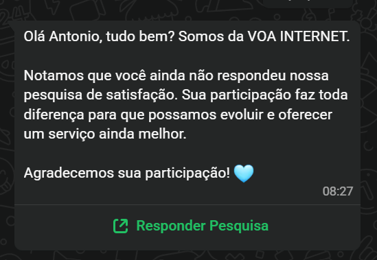 Exemplo real de convite para responder uma pesquisa da AVVA pelo WhatsApp